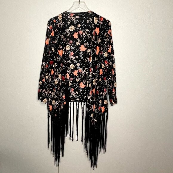 Torrid Multi Color Floral Fringe Open Front Long Sleeve Duster Kimono 1 1X 14/16 - Picture 3 of 9